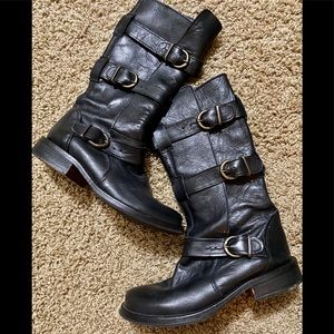 STEVE MADDEN Black Leather Moto Buckle Boots